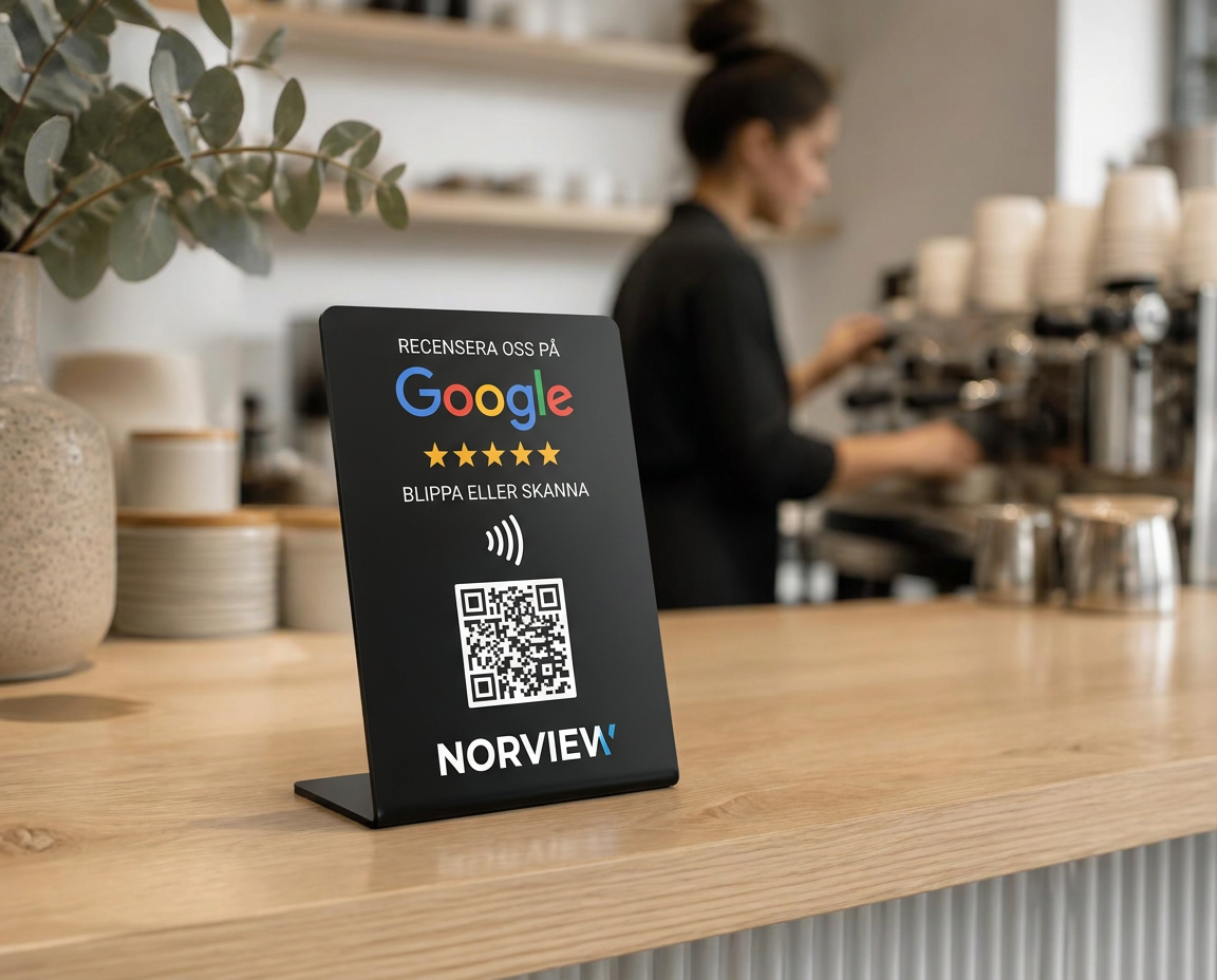 Norview NFC-display med QR-kod placerad på en träbardisk i ett svenskt café